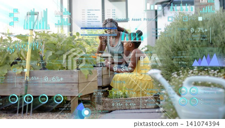 Kneeling woman in sleeveless top guiding child in yellow dress at garden planter with data overlays Kneeling woman in sleeveless top guiding child in yellow dress at garden planter with data overlays 141074394