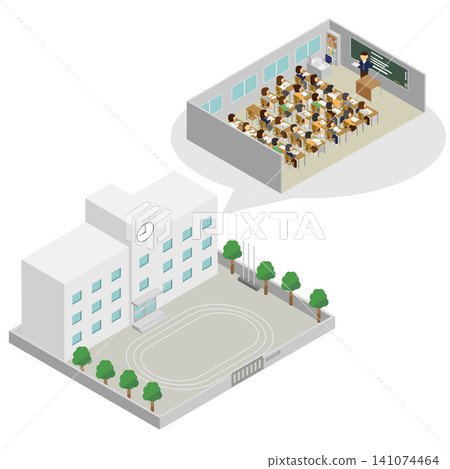 A set of isometric illustrations depicting a school building and classroom lessons within it. A set of isometric illustrations depicting a school building and classroom lessons within it. 141074464