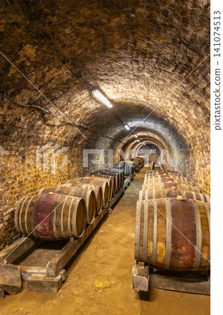 Wine cellar with wooden barrels aging in ancient tunnel Wine cellar with wooden barrels aging in ancient tunnel 141074513