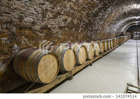 Wine barrels aging in traditional cellar in Bataapati, Hungary Wine barrels aging in traditional cellar in Bataapati, Hungary 141074514