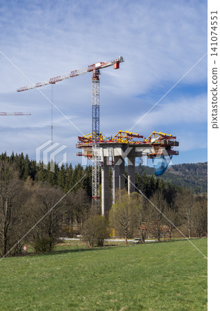 Construction of D11 highway viaduct and crane in Bernartice, Czechia Construction of D11 highway viaduct and crane in Bernartice, Czechia 141074551