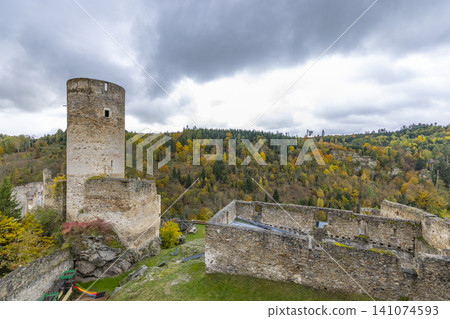 Kollmitz Castle ruin tower and autumn forest in Lower Austria Kollmitz Castle ruin tower and autumn forest in Lower Austria 141074593
