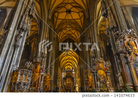 STEPHANSDOM interior showing high vaulted ceilings, columns, and altars STEPHANSDOM interior showing high vaulted ceilings, columns, and altars 141074633