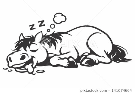 Vector illustration of a cute cartoon horse character sleeping. 141074664