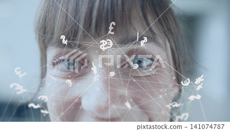 Looking mid-adult woman filling center in cool room, with digital network overlay and money symbols Looking mid-adult woman filling center in cool room, with digital network overlay and money symbols 141074787
