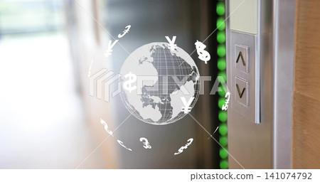 Projecting stylized globe over elevator panel at hallway, showing floating currency symbols Projecting stylized globe over elevator panel at hallway, showing floating currency symbols 141074792