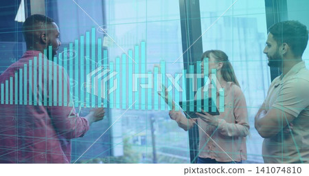 Analyzing overlay, business-casual coworkers gesturing at glass wall in office with tablet and cup Analyzing overlay, business-casual coworkers gesturing at glass wall in office with tablet and cup 141074810