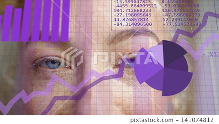 Displaying middle-aged female face showing purple bar, line, pie charts over studio portrait, grid Displaying middle-aged female face showing purple bar, line, pie charts over studio portrait, grid 141074812