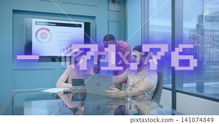 Reviewing budgets, five professionals gathering around laptop at office wearing business attire Reviewing budgets, five professionals gathering around laptop at office wearing business attire 141074849