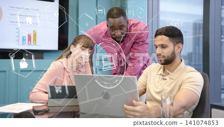 Collaborating three professionals in business attire reviewing laptop in meeting room, with HUD Collaborating three professionals in business attire reviewing laptop in meeting room, with HUD 141074853