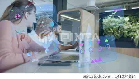 Typing three colleagues wearing casual business attire on laptops in office, showing AR overlays Typing three colleagues wearing casual business attire on laptops in office, showing AR overlays 141074884