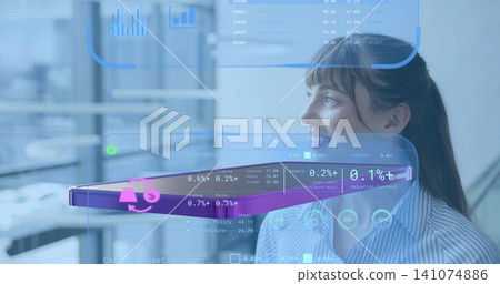 Studying woman viewing AR charts at office windows in striped blouse, purple wedge icon, copy space Studying woman viewing AR charts at office windows in striped blouse, purple wedge icon, copy space 141074886