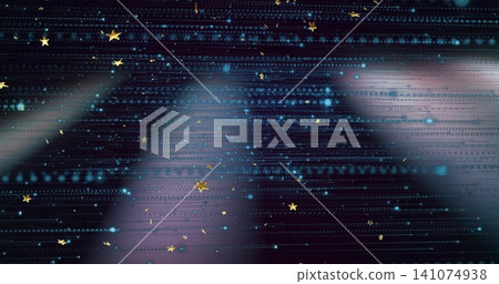 Glowing central bluish triangle lighting abstract backdrop, with gold star confetti and blue dots Glowing central bluish triangle lighting abstract backdrop, with gold star confetti and blue dots 141074938