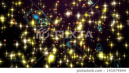 Streaming golden streaks falling through dark space, with white glints, orange stars, teal hexes 141074944