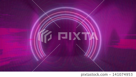 Glowing neon rings forming circular portal in cyber tunnel casting haze ripple reflections glitches Glowing neon rings forming circular portal in cyber tunnel casting haze ripple reflections glitches 141074953