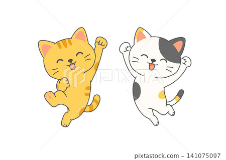 兩隻貓咪歡呼雀躍的可愛插畫。 兩隻貓咪歡呼雀躍的可愛插畫。 141075097