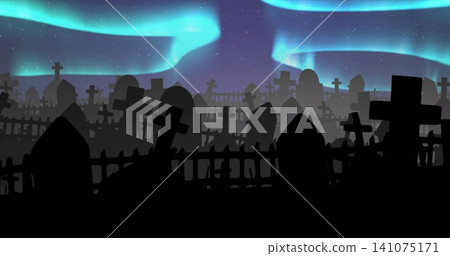 Forming dense line of tombstones, crosses and fence in cemetery at night, showing aurora and mist Forming dense line of tombstones, crosses and fence in cemetery at night, showing aurora and mist 141075171