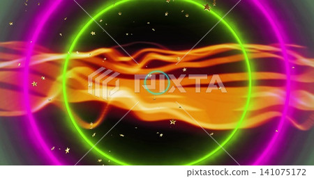 Pulsing neon green and magenta rings in digital frame with cyan center, orange ribbons, gold stars Pulsing neon green and magenta rings in digital frame with cyan center, orange ribbons, gold stars 141075172