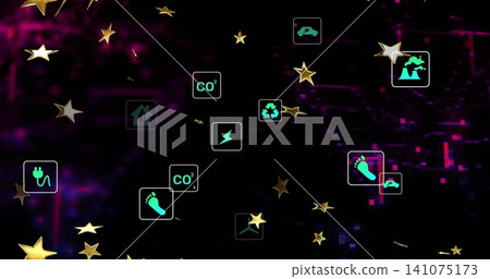 Displaying teal icons and gold stars floating on dark screen, CO2 recycle plug turbine footprint Displaying teal icons and gold stars floating on dark screen, CO2 recycle plug turbine footprint 141075173