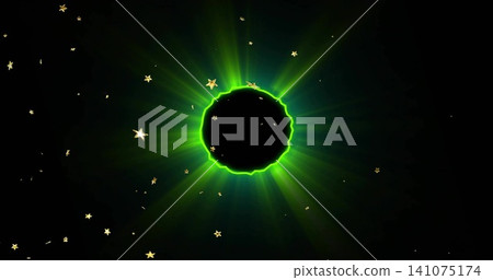 Glowing black void showing neon-green rim and radial beams in space, scattering gold stars Glowing black void showing neon-green rim and radial beams in space, scattering gold stars 141075174