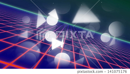 Glowing red neon grid plane stretching toward green horizon in virtual scene with floating circles Glowing red neon grid plane stretching toward green horizon in virtual scene with floating circles 141075176
