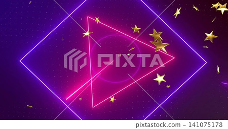Glowing neon geometry pulsing on digital stage, with violet diamond, magenta triangle, gold sparks Glowing neon geometry pulsing on digital stage, with violet diamond, magenta triangle, gold sparks 141075178