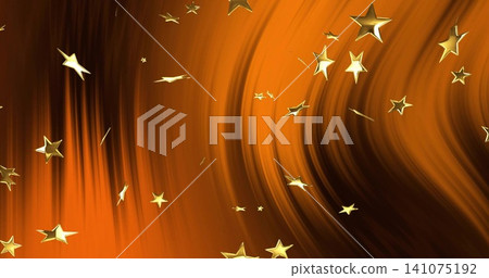 Floating metallic gold five-point stars with swirling golden-orange gradient on digital backdrop Floating metallic gold five-point stars with swirling golden-orange gradient on digital backdrop 141075192