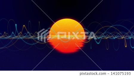 Glowing orange orb occupying center midline, reflecting red lower half and crossing neon waveforms Glowing orange orb occupying center midline, reflecting red lower half and crossing neon waveforms 141075193