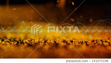 Glowing teal waveform overlay pulsing across studio plane, with golden granules and bokeh droplets 141075196