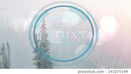 Displaying blue concentric rings overlaying foggy forest, with cloud lock icon and bokeh lights Displaying blue concentric rings overlaying foggy forest, with cloud lock icon and bokeh lights 141075199
