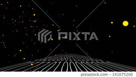 Extending binary data plane receding toward vanishing point in space, with glowing yellow orb Extending binary data plane receding toward vanishing point in space, with glowing yellow orb 141075200