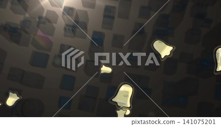 Floating translucent yellow notification bells hovering over dark keycap grid, showing soft halos 141075201