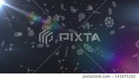 Floating stylized snowflake field drifting in dark void, with starburst and rainbow flares Floating stylized snowflake field drifting in dark void, with starburst and rainbow flares 141075202