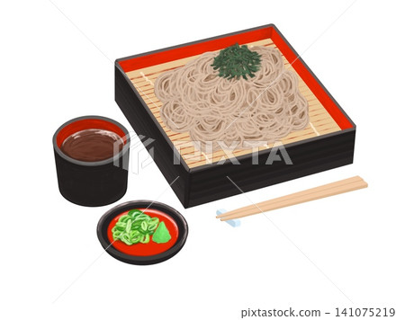 笊籬蕎麥麵(冷蕎麥麵,配上蔥花、芥末和蕎麥麵蘸醬)的插圖。 笊籬蕎麥麵(冷蕎麥麵,配上蔥花、芥末和蕎麥麵蘸醬)的插圖。 141075219