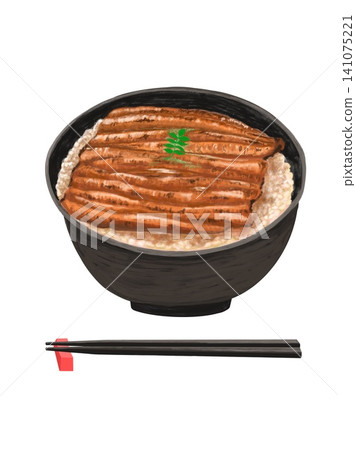 一碗看起來很美味的鰻魚飯,有筷子和筷架,背景是白色。 一碗看起來很美味的鰻魚飯,有筷子和筷架,背景是白色。 141075221