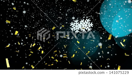 Gliding two stylized white snowflakes across black field, showing gold confetti and turquoise bokeh Gliding two stylized white snowflakes across black field, showing gold confetti and turquoise bokeh 141075229