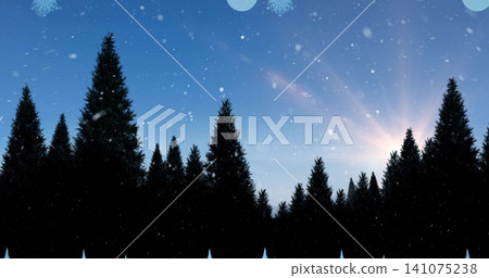 Framing conifer tree line forming jagged horizon at forest edge with sunburst and falling flakes Framing conifer tree line forming jagged horizon at forest edge with sunburst and falling flakes 141075238