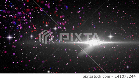 Displaying edge-on spiral galaxy glowing across space field, showing speckles spiky stars dust lane Displaying edge-on spiral galaxy glowing across space field, showing speckles spiky stars dust lane 141075244