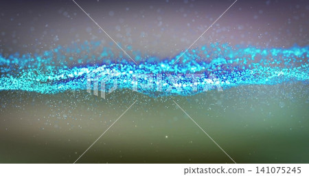 Glowing ribbon of cyan teal particles moving across abstract digital background with bokeh dots Glowing ribbon of cyan teal particles moving across abstract digital background with bokeh dots 141075245