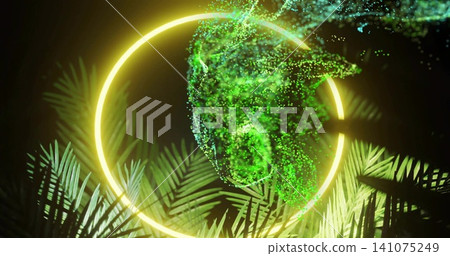 Glowing yellow neon ring emitting light while green particle vortex rising in studio, palm fronds Glowing yellow neon ring emitting light while green particle vortex rising in studio, palm fronds 141075249