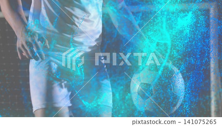 Controlling soccer player wearing white shirt, shorts in venue, soccer ball, net, teal effects Controlling soccer player wearing white shirt, shorts in venue, soccer ball, net, teal effects 141075265