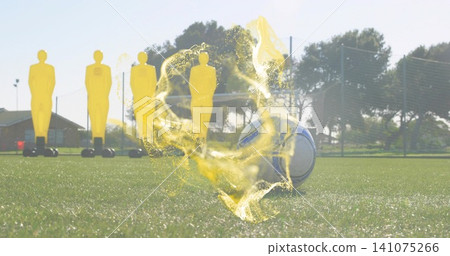 Sitting soccer ball with yellow swirl effect on grass pitch, surrounded by four mannequins and goal Sitting soccer ball with yellow swirl effect on grass pitch, surrounded by four mannequins and goal 141075266