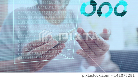 Tapping senior woman wearing light blouse, manipulating tablet at office, showing binary hologram Tapping senior woman wearing light blouse, manipulating tablet at office, showing binary hologram 141075291