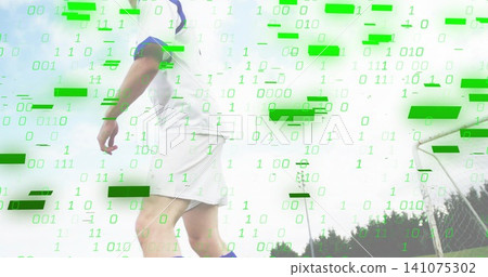 Running soccer player in white jersey, blue socks moving toward goal on pitch, with binary overlay Running soccer player in white jersey, blue socks moving toward goal on pitch, with binary overlay 141075302