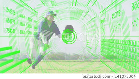 Diving baseball player catching ball with glove on field, in uniform showing AR overlay Diving baseball player catching ball with glove on field, in uniform showing AR overlay 141075304