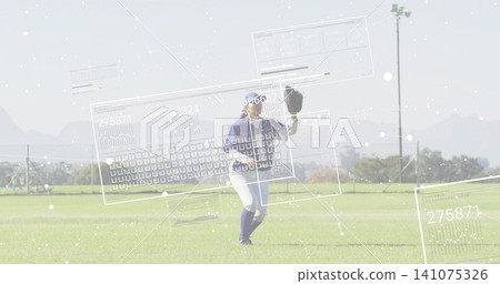 Holding athlete in blue jersey white pants knee socks, raising glove on school field, HUD nodes Holding athlete in blue jersey white pants knee socks, raising glove on school field, HUD nodes 141075326