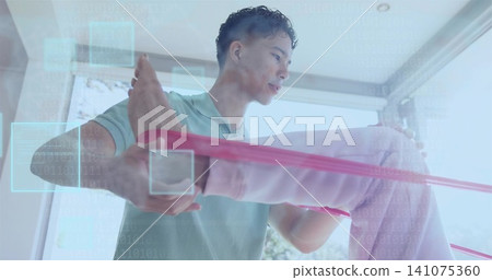 Helping therapist in green-polo guiding senior client by windows, pulling pink band with UI overlay Helping therapist in green-polo guiding senior client by windows, pulling pink band with UI overlay 141075360