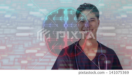 Smiling clinician wearing dark scrubs and stethoscope posing at clinic wall, neon brain, copy space Smiling clinician wearing dark scrubs and stethoscope posing at clinic wall, neon brain, copy space 141075369