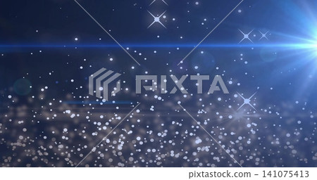 Shimmering bokeh field with star glints on navy gradient, showing thin blue streak and lens flare Shimmering bokeh field with star glints on navy gradient, showing thin blue streak and lens flare 141075413