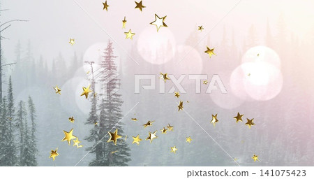 Floating gold stars and bokeh lights drifting across snowy pine forest, misty trees Floating gold stars and bokeh lights drifting across snowy pine forest, misty trees 141075423